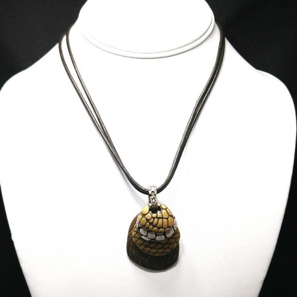 Chico’s Layered Metal Pendant Necklace Brown Leather Cord Silver Gold Tones - Picture 7 of 10